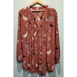 Brown Bird Print Long Puff Sleeve Relaxed Fit Button Up Pleated Tunic Top Sz 2X